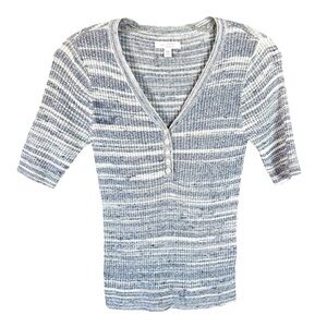 Womens XS Henley Blue/Grey White Top Striped Short Sleeve Ribbed Casual Office